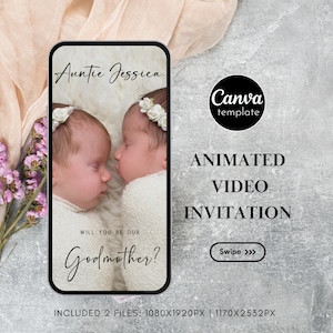 Plantilla de video minimalista y moderna para propuesta de ¿Quieres ser mi madrina? para gemelos Padrinos Madrina Padrino invitación con foto Bautismo