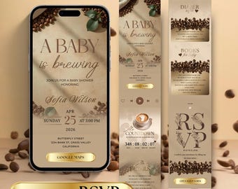 Baby Is Brewing - Modello di sito web per baby shower, invito RSVP a tema caffè, sito web per eventi modificabile su Canva, invito per baby shower neutro