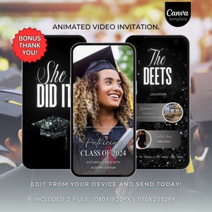 May include: A black and white animated video invitation for a graduation party. The invitation features a photo of a woman wearing a graduation cap and gown, the text "She Did It!" and the text "Patricia's Class of 2024".