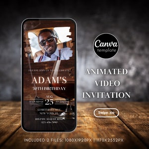 Animated Whiskey-Themed Digital Surprise Party Invitation with photo for Men Birthday Party Editable Template Adult Birthday Video Invite351