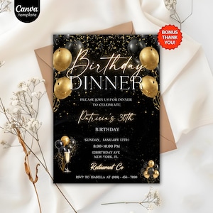 Digital Birthday Dinner Invitation Template, Black Tie Glam Invite, Animated Black Golden Diamond Evite For Men & Women, Self Editable eCard
