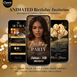 Elegant Black and Gold Birthday Party Invitation Video Template Animated Canva Invite for Women’s 30th 40th 50th Birthday Dinner Celebration