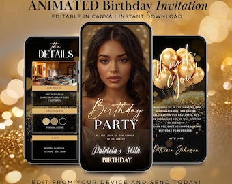 Elegante plantilla de video de invitación a fiesta de cumpleaños en negro y dorado, invitación animada de Canva para cena de celebración de cumpleaños número 30, 40 o 50 de mujeres.