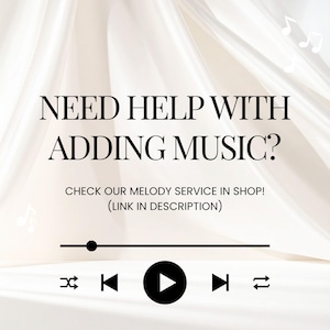 Pu&ograve; includere: Immagine con sfondo color crema con il testo "NEED HELP WITH ADDING MUSIC?" e "CHECK OUR MELODY SERVICE IN SHOP! (LINK IN DESCRIPTION)". In basso, un'interfaccia di lettore musicale nera con pulsanti di riproduzione, pausa e salto.