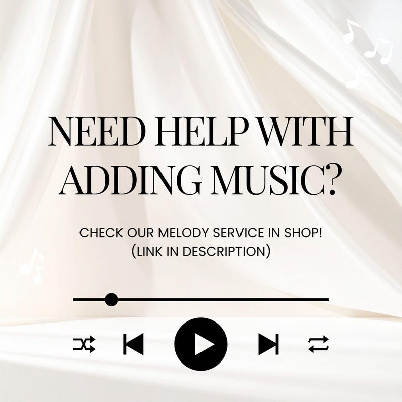 Pu&ograve; includere: Immagine con sfondo color crema con il testo "NEED HELP WITH ADDING MUSIC?" e "CHECK OUR MELODY SERVICE IN SHOP! (LINK IN DESCRIPTION)". In basso, un'interfaccia di lettore musicale nera con pulsanti di riproduzione, pausa e salto.