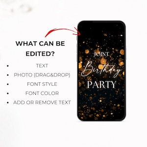 May include: A black and gold smartphone mockup with a sparkling background. The text "JOINT Birthday PARTY" is displayed on the screen.