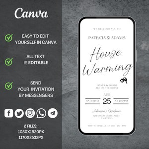 May include: A white and black mobile phone screen displaying a housewarming party invitation for Patricia & Adam's. The invitation includes the date, time, and address of the event. The text reads "We welcome you to Patricia & Adam's House Warming. Dinner & drinks are on the house. Saturday, Aug 25 at 2:00 PM. Johnson's Residence, 1234 Bang St Grass Valley, California. RSVP to Isabella at (888) 456-7890."