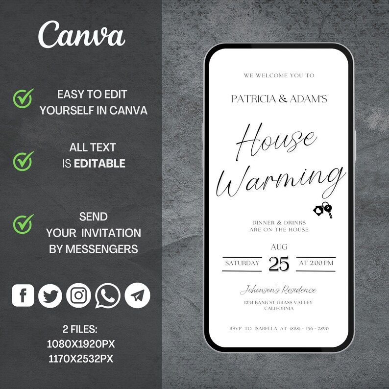May include: A white and black mobile phone screen displaying a housewarming party invitation for Patricia & Adam's. The invitation includes the date, time, and address of the event. The text reads "We welcome you to Patricia & Adam's House Warming. Dinner & drinks are on the house. Saturday, Aug 25 at 2:00 PM. Johnson's Residence, 1234 Bang St Grass Valley, California. RSVP to Isabella at (888) 456-7890."