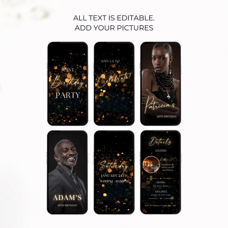 May include: Six smartphone screens displaying birthday party invitations. The designs feature a black background with gold glitter effects and elegant gold text. The text includes "Joint Birthday Party", "Celebrate!", "Patricia's 30th Birthday", "Adam's 50th Birthday", and event details.