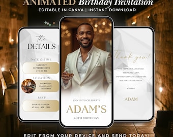 Men’s Birthday Party Luxury Digital Invite | White & Gold Animated Canva Template Editable 30th 40th 50th Birthday Evite | Instant Download