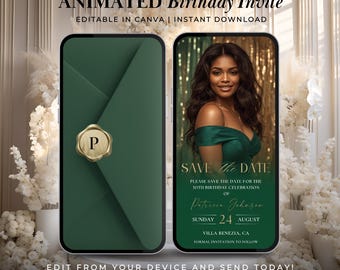Luxury Green Birthday Save the Date Animated Invite | Digital Elegant Canva Template with Photo | Editable Birthday Announcement Card