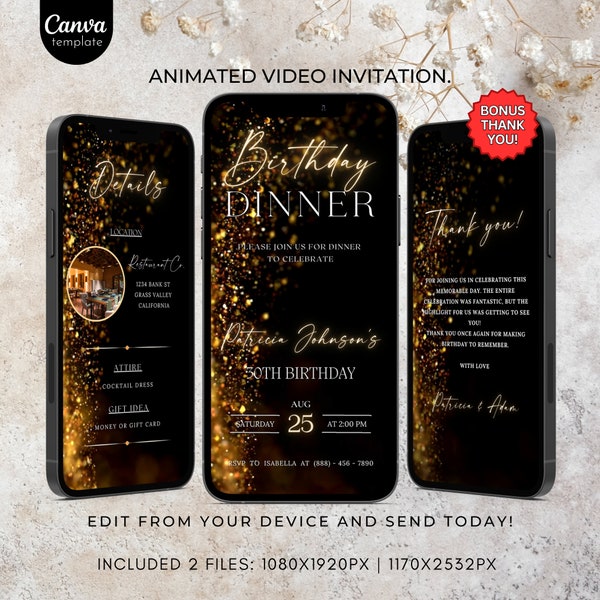 Animated Birthday dinner video invitation digital birthday party invitation text invitation dinner party invite download canva template 457