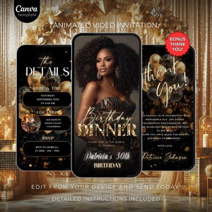 Invitación a la cena de cumpleaños, elegante invitación digital a una fiesta de cumpleaños con foto, fiesta formal en negro y dorado, plantilla animada autoeditable