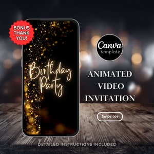 Editable Birthday Invitation Template Black and Gold Birthday invite for girls Birthday party Animated Video Invitation Mobile invite 201