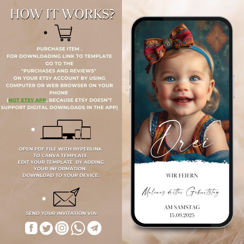 May include: A digital invitation template for a child's birthday party. The template features a photo of a young child with a red bow in her hair, the word "Drei" written in cursive, and the text "Wir feiern Malenes dritter Geburtstag am Samstag 15.09.2025".