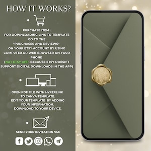 May include: A smartphone displaying a sage green envelope with a gold snowflake wax seal. The text HOW IT WORKS? outlines instructions for purchasing, downloading, and editing a digital template via a web browser, not the Etsy app.