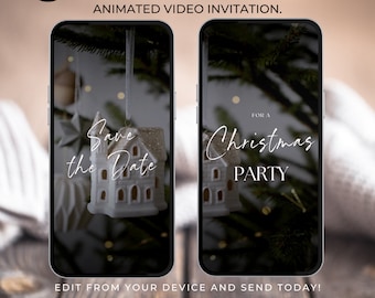 May include: Animated video invitation for a Christmas party. The invitation features a white house ornament hanging from a Christmas tree branch. The text "Save the Date" is written in white script on the ornament. The second image features the same ornament with the text "For a Christmas Party" written in white script.