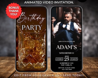 May include: Animated video invitation for a 30th birthday party. The invitation features a black background with gold text and a photo of a man in a suit sitting in a leather chair. The text reads "Join us to celebrate Adam's 30th Birthday. Saturday August 25th at 2:00 PM. 12 Birthday Ave New York, FL. RSVP by August 10th 123-456-7890."