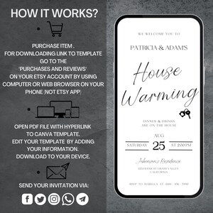 May include: A black and white digital invitation for a housewarming party. The invitation features a smartphone screen with the text "We welcome you to Patricia & Adam's House Warming". The invitation also includes the date and time of the party, "Saturday, Aug 25 at 2:00 PM", and the address, "Johnson's Residence, 1234 Bank St Grass Valley, California".