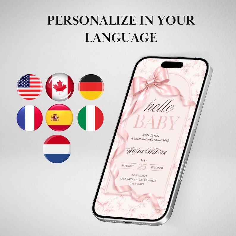 Pu&ograve; includere: Uno smartphone mostra un invito a un baby shower con un fiocco rosa e le parole "hello BABY". L'invito include i dettagli per il baby shower di Sofia Wilson, con la data e l'ora. L'immagine mostra anche le bandiere di diversi paesi.