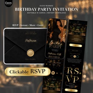 May include: A digital birthday party invitation template featuring a black envelope with a gold wax seal, a mobile phone display showing a woman in a black dress, and a details page with gold text. Includes clickable RSVP buttons and event info.