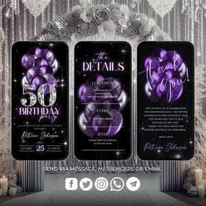 May include: A black and purple birthday party invitation with a 50th birthday theme. The invitation features a purple and silver balloon design with a diamond-encrusted 50. The invitation includes the text "50th Birthday Party", "Please join us for a birthday party honouring Patricia Johnson", "Saturday, August 25 at 6:00 PM", "The Details", "Location: Restaurant Co. 1234 Bank St. Grass Valley, California", "Attire: Cocktail Dress", "RSVP: Please RSVP to Patricia at 123-456-78-90", "Thank You!" and "For joining us in celebrating this memorable day. The entire celebration was fantastic, but the highlight for us was getting to see you! Thank you once again for making birthday to remember. With love, Patricia Johnson".