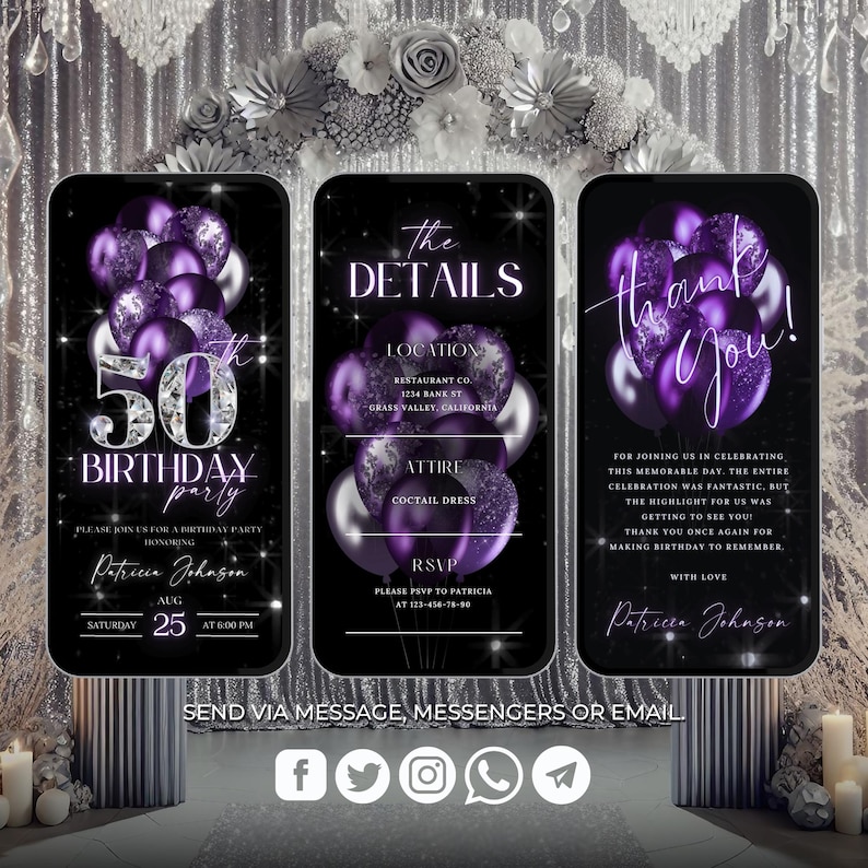 May include: A black and purple birthday party invitation with a 50th birthday theme. The invitation features a purple and silver balloon design with a diamond-encrusted 50. The invitation includes the text "50th Birthday Party", "Please join us for a birthday party honouring Patricia Johnson", "Saturday, August 25 at 6:00 PM", "The Details", "Location: Restaurant Co. 1234 Bank St. Grass Valley, California", "Attire: Cocktail Dress", "RSVP: Please RSVP to Patricia at 123-456-78-90", "Thank You!" and "For joining us in celebrating this memorable day. The entire celebration was fantastic, but the highlight for us was getting to see you! Thank you once again for making birthday to remember. With love, Patricia Johnson".