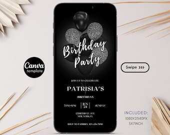 Editable Birthday Invitation Template Digital invite Black Birthday Invitation Printable invites Birthday Party text message invitation 79