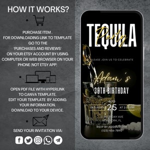 Op de afbeelding: Een digitale uitnodiging in zwart en goud voor een 30e verjaardagsfeest. De uitnodiging toont een glas tequila met een limoenpartje en de tekst "Tequila Party" in gouden letters. De uitnodiging bevat ook de naam "Adam's 30th Birthday", de datum en tijd van het feest, het adres en een RSVP-verzoek.