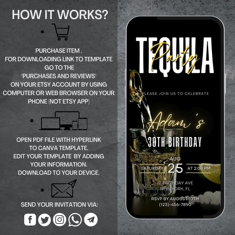 Op de afbeelding: Een digitale uitnodiging in zwart en goud voor een 30e verjaardagsfeest. De uitnodiging toont een glas tequila met een limoenpartje en de tekst "Tequila Party" in gouden letters. De uitnodiging bevat ook de naam "Adam's 30th Birthday", de datum en tijd van het feest, het adres en een RSVP-verzoek.