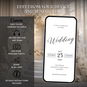 May include: A white and black mobile phone mockup with a wedding invitation displayed on the screen. The invitation reads "In the celebration of their Wedding" with the date "Saturday Aug 25, 2025 at 2:00 PM". The location is listed as "Villa Benezia, 1234 Bank St, Grass Valley, California". The invitation concludes with "Reception to follow".