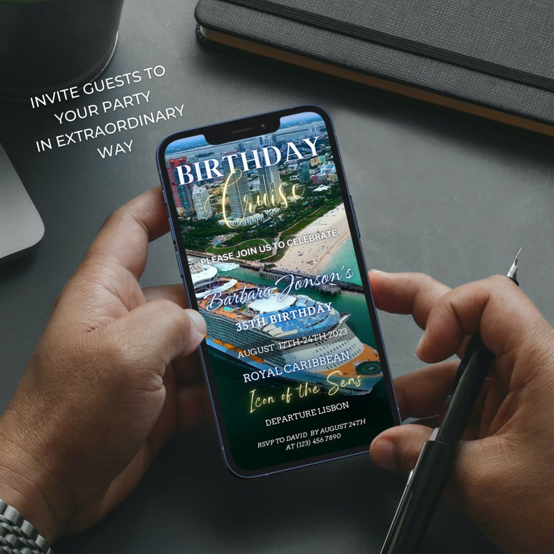 May include: A smartphone screen displaying a birthday cruise invitation for Barbara Jonson's 35th birthday. The invitation features a photo of a cruise ship and the text "Birthday Cruise" in gold lettering. The cruise is scheduled for 17th-24th August 2023, on the Royal Caribbean Icon of the Seas, departing from Lisbon. RSVP information is included at the bottom of the invitation.