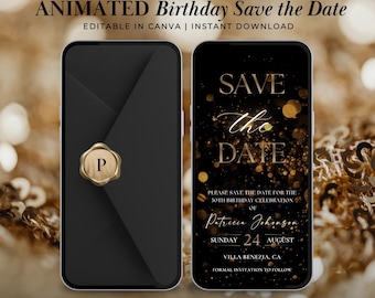 Invitación animada para guardar la fecha de cumpleaños / Elegante invitación de cumpleaños en negro y dorado / Video de invitación editable en Canva