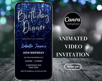 Pode incluir: Um convite animado em vídeo azul e branco para um jantar de aniversário de 35 anos. O convite apresenta um fundo brilhante com o texto "Birthday Dinner" e "Isabella Jonson's 35th Birthday". O convite inclui a data, a hora, o local e as informações de RSVP. O texto "Canva template" e "Animated Video Invitation" também está incluído. O convite é projetado para a tela de um telefone móvel.
