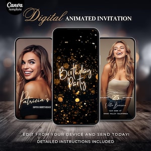 Black and Gold Animated Birthday Invitation, Editable Canva Video Template, Glam Digital Party Invite, Modern Birthday eCard Download
