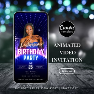 Animated Birthday Invitation with photo Digital Photo Template Canva Gold Neon Electronic Phone Text Message Evite Minimal Instant Download
