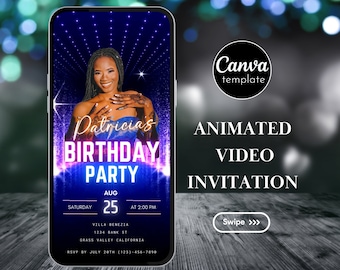 Animated Birthday Invitation with photo Digital Photo Template Canva Gold Neon Electronic Phone Text Message Evite Minimal Instant Download
