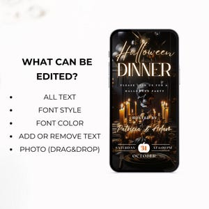 May include: A digital invitation for a Halloween dinner party. The invitation features a skull, candles, and a pumpkin on a dark background. The text reads "Halloween Dinner" and "Please join us for a Halloween party." The invitation also includes the date, time, and host names.
