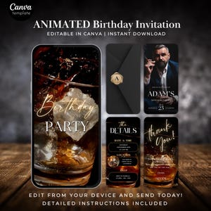 Op de afbeelding: Geanimeerde verjaardagsuitnodigingssjabloon met een donker thema. Het ontwerp bevat een smartphonescherm met een cocktail, een zwarte envelop en een foto van een man. De uitnodiging bevat de tekst "Birthday Party", "Adam's 50th Birthday" en "Thank You!"