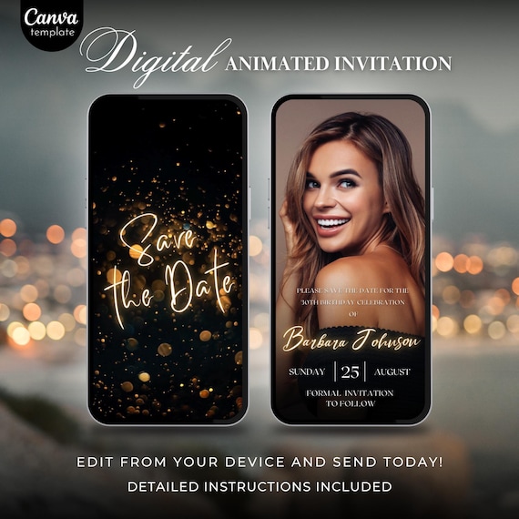 Save the Date Gold and Black Animated Video Invitation Template for Birthday Party Save the Date Birthday Invitation Template with photo 574