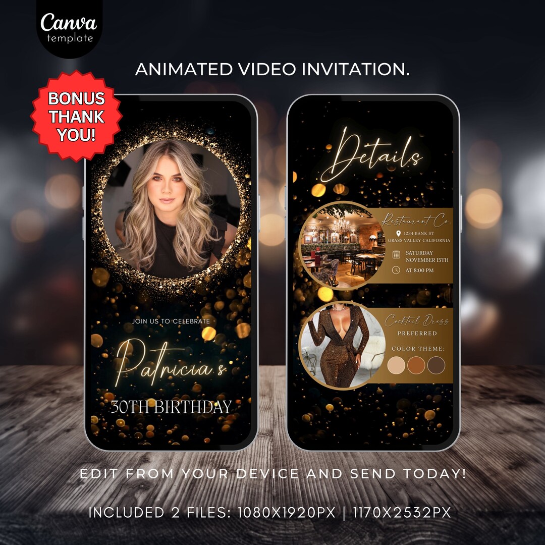 Editable Birthday Invitation Template Black and Gold Birthday Invite ...