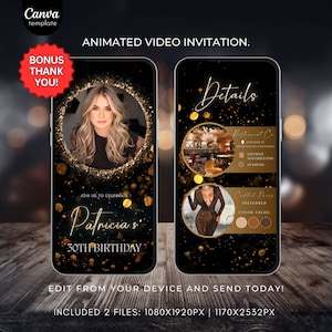 Editable Birthday Invitation Template Black and Gold Birthday invite for girls Birthday party Invitation with photo Animated Video Invite451