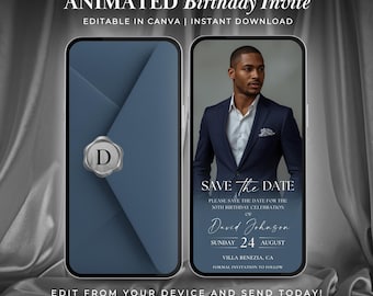 Men’s Birthday Save the Date Video • Animated Canva Template • Dusty Blue Digital Invite • Elegant 30th, 40th, 50th Birthday Announcement