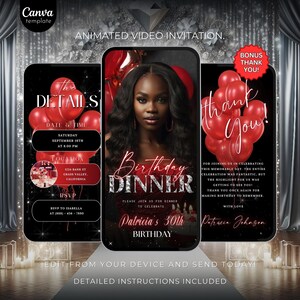 May include: A black and red animated video invitation for a 30th birthday dinner party. The invitation features a photo of the birthday girl, red balloons, and the text "The Details", "Date & Time", "Saturday, September 18th at 8:00 PM", "Location", "1234 Bank St, Grass Valley, California", "RSVP", "RSVP to Isabella at (885)-456-7890", "Birthday Dinner", "Please join us for dinner to celebrate Patricia's 30th Birthday", "Thank You!" and "For joining us in celebrating this memorable day. The entire celebration was fantastic, but the highlight for us was getting to see you! Thank you once again for making birthday to remember with love, Patricia Johnson."