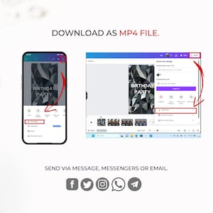 May include: A screenshot of a phone and computer screen showing a digital birthday invitation with a black and gray geometric design. The text "BIRTHDAY PARTY" is displayed on the invitation. The invitation can be downloaded as an MP4 file and shared via message, messengers, or email.