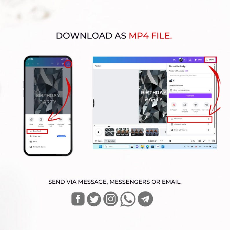 May include: A screenshot of a phone and computer screen showing a digital birthday invitation with a black and gray geometric design. The text "BIRTHDAY PARTY" is displayed on the invitation. The invitation can be downloaded as an MP4 file and shared via message, messengers, or email.
