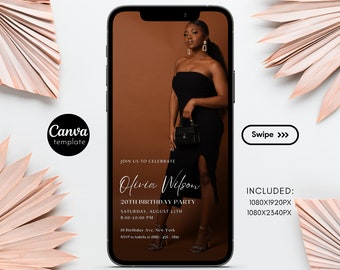 May include: A mobile phone screen displaying a birthday party invitation for Olivia Wilson's 20th birthday. The invitation is on a brown background with a photo of a woman in a black dress. The text includes the date, time, location, and RSVP information. The invitation also includes the text "Swipe >>>" and "INCLUDED: 1080X1920PX 1080X2340PX".