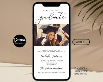 May include: A graduation party invitation on a smartphone screen. The invitation is for Isabella Johnson and includes the date, time, and location of the party. The invitation also includes a photo of Isabella in her graduation cap and gown.
