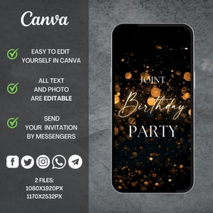 May include: A digital invitation for a joint birthday party. The invitation features a black background with gold glitter and the text "JOINT Birthday PARTY".