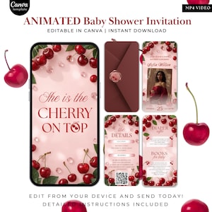 Cherry Baby Shower Video Invitation, She is the Cherry on Top Invite, Red Baby Shower Evite, Editable Canva Animated Invite Girl